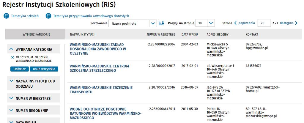 [5/30] Poszukiwanie instytucji szkoleniowych Na 20-tej stronie listy znajduje się Warmińsko-Mazurski Zakład Doskonalenia Zawodowego. Rysunek 9.