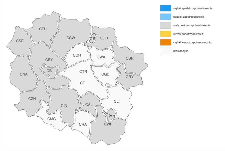 PROGNOZA NA 2017, WOJEWÓDZTWO KUJAWSKO-POMORSKIE ZMIANA ZAPOTRZEBOWANIA NA PRACOWNIKÓW W GRUPIE ZAWODÓW: KAMIENIARZE WG POWIATÓW PROGNOZA NA 2017, WOJEWÓDZTWO