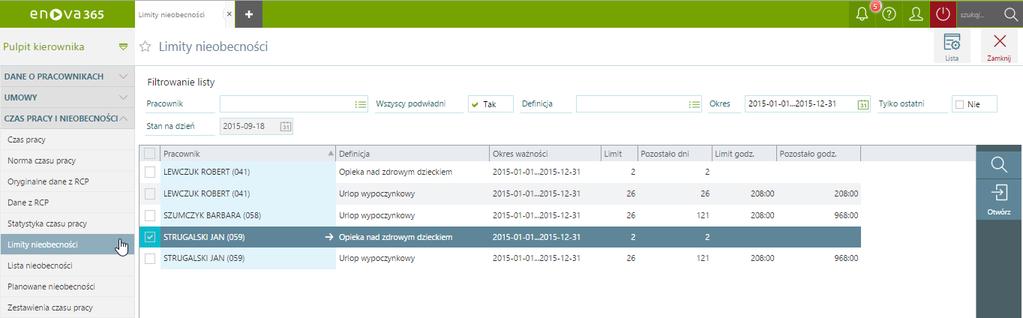 Czas pracy i nieobecności / Limity nieobecności Na liście są dostępne filtry: Limity nieobecności - Filtry Pracownik lista pracowników do wyboru, dla których będzie wyświetlona informacja o