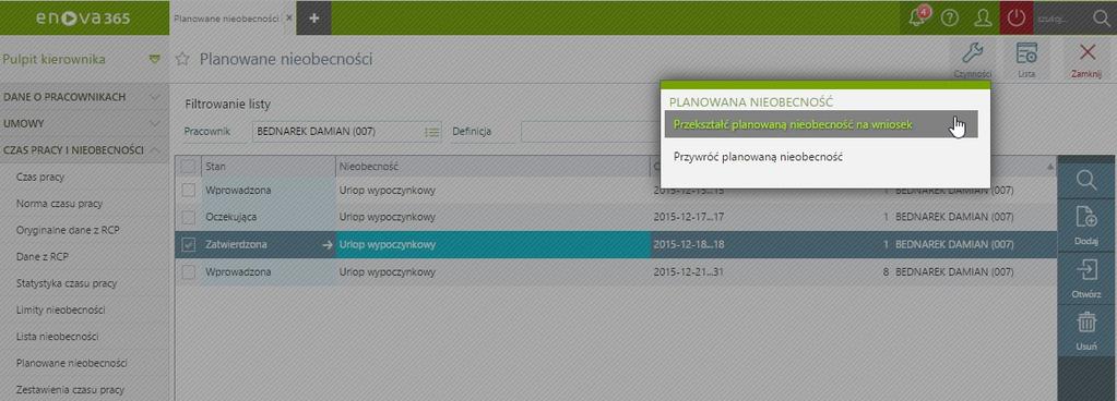 Definicja - parametr umożliwia zawężenie wyświetlanych rekordów do wskazanej definicji planowanej nieobecności. Okres - parametr umożliwia zawężenie wyświetlonych rekordów do wskazanego okresu.