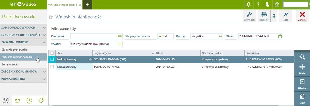 Zadania i wnioski / Wnioski o nieobecności Dostępne filtry: Wnioski o nieobecność - Filtry Pracownik lista pracowników do wyboru, dla których będzie wyświetlona informacja.