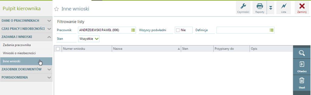 Zadania i wnioski / Inne wnioski Dostępne filtry: Pracownik lista pracowników do wyboru, dla których będzie wyświetlona informacja.