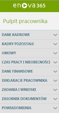 Moduł Pulpit Pracownika Aplikacja umożliwia pracownikowi pełen wgląd do własnych danych kadrowych, danych dotyczących czasu pracy, wykorzystania limitów urlopowych.