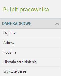 Pulpit Pracownika / Dane kadrowe W sekcji 'Dane kadrowe' zawarte są informacje dotyczące podstawowych danych kadrowych pracownika takie jak dane identyfikacyjne, dane adresowe, informacje o członkach