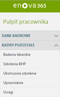 Pulpit Pracownika / Kadry pozostałe Lista zawiera formularze zawierające informacje dotyczące badań lekarskich oraz szkoleń BHP.