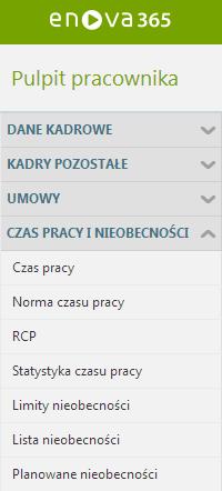 Pulpit Pracownika / Czas pracy i nieobecności Lista zawiera wszelkie dane dotyczące czasu pracy oraz normy czasu pracy pracownika.