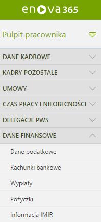 Pulpit Pracownika / Dane finansowe Lista zawiera formularze dotyczące danych podatkowych pracownika, informacje dotyczące rachunku bankowego oraz wypłaconego wynagrodzenia.