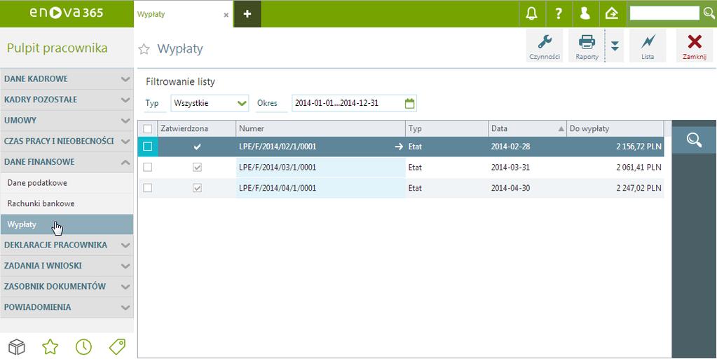 typu wypłaty (Wszystkie, Etat, Umowa, Inne) oraz okresu za jaki zostały wypłacone.
