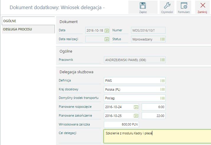 Domyślny środek transportu - lista słownikowa Planowane rozpoczęcie - data i godzina rozpoczęcia delegacji Planowane zakończenie - data i godzina zakończenia