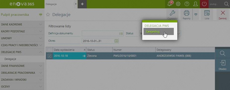 uzupełnieniu dokumentu delegacji zarówno z otwartego formularza delegacji oraz na liście Delegacje PWS/Delegacje pod Czynnościami pracownik może wybrać Zarejestruj.