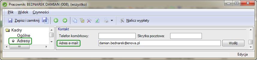 Definicja nieobecności Adresy email pracowników Na liście Kadry i płace/kadry/pracownicy w kartotekach pracowników, kierowników należy uzupełnić adresy e-mail