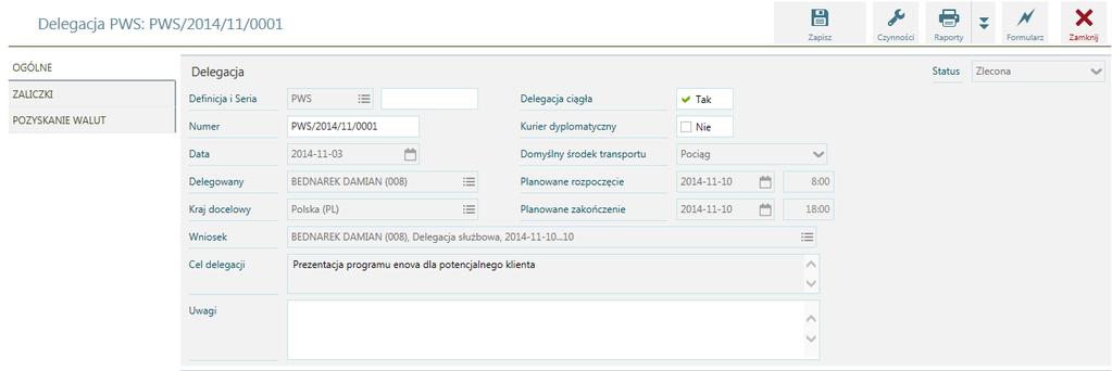 Lista Delegacja PWS Uzupełnianie szczegółowych danych delegacji Po otworzeniu formularza Delegacji w Pulpicie pracownika, osoba odbywająca