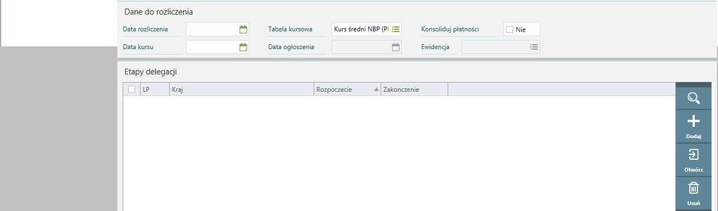 delegacji należy wprowadzić poprzez przycisk Dodaj i uzupełnienie danych takich jak: Miejscowość rozpoczęcia/zakończenia wyjazdu Środek
