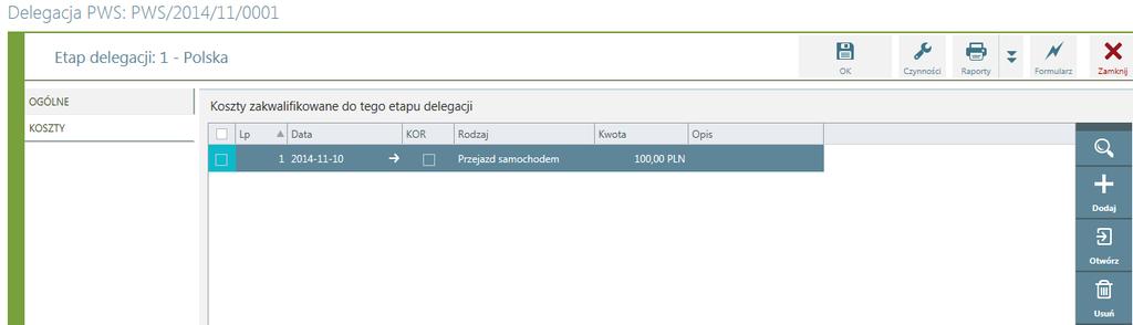 Dodawanie kosztu delegacji Nowy koszt należy wprowadzić używając przycisku Dodaj, a