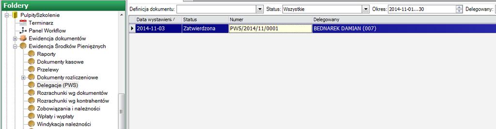 Jeżeli firma posiada licencje na moduł Delegacje PWS, to po akceptacji wniosku o delegację przez przełożonego powstaje delegacja w Ewidencji środków pieniężnych na liście Delegacje (PWS).