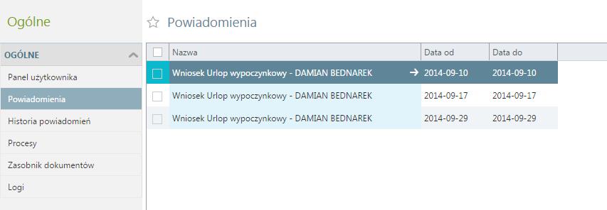 Powiadomienia Lista powiadomień w panelu użytkownika Lista prezentuje wszystkie zadania przypisane do zalogowanego użytkownika.