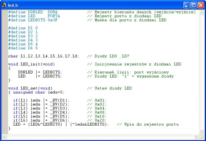 _BV(i) funkcja zwraca bajt, w którym bit i wynosi 1, a pozostałe bity są zerowe. Zmienne ak_ są bezpośrednio dostępne w main( ), a pk_ po usunięciu komentarza funkcji Key_menm( ). 2. Plik led.