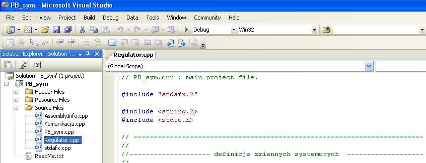 SYMULATOR PB_sym 1. Składniki PB_sym PB_sym.sln edytor programu użytkownika z szablonem 2. Szablon PB_sym.sln Zakładka Regulator.cpp Tekst szablonu // PB_sym.cpp : main project file. #include "stdafx.