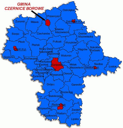 Rysunek 5. Położenie Gminy Czernice Borowe w powiecie przasnyskim na tle województwa mazowieckiego.