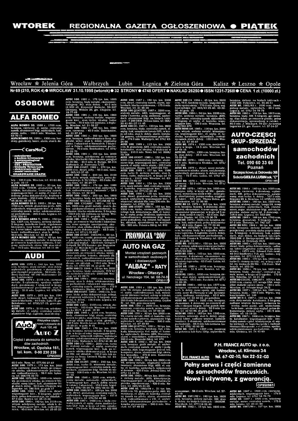 zy b y - z a m k i c e n tra ln e Z N A K O W A N IE G R A T IS bry. - 120.0 tnln. Wrót law. tcl. 44-61-80, wgodz. 10-17 ALFA ROMEO 33. 1993 r.. 33 tys. km. 1400 ccm. 109kM. granatow y. 5-61/ 100km.