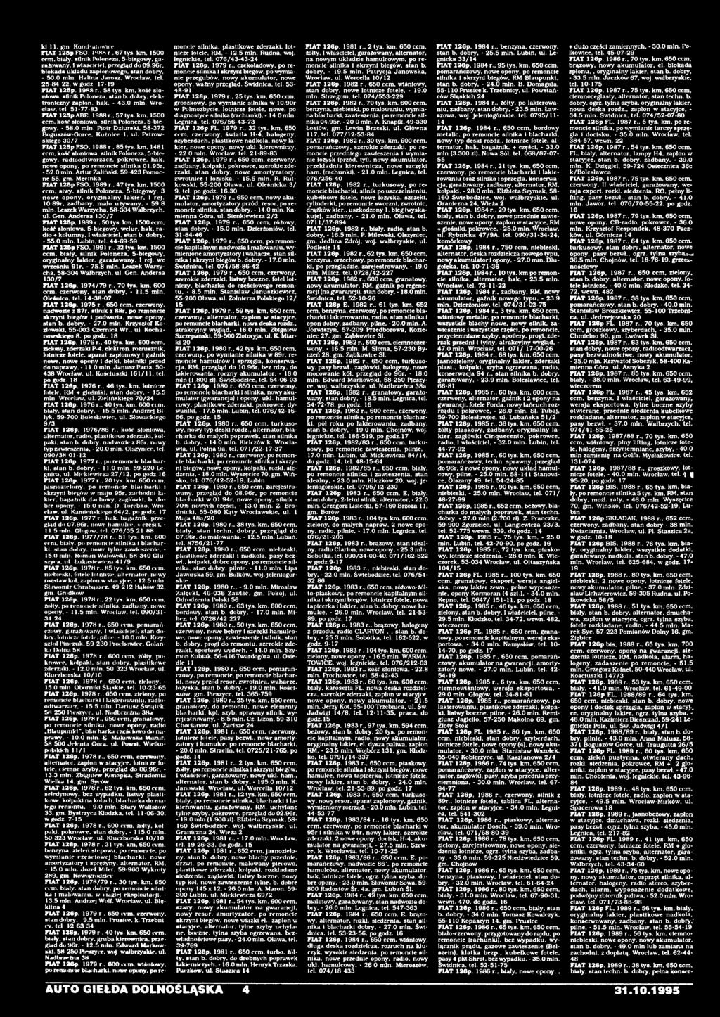 . 47 tys. km. 00 ccm. siwy. silnik Poloneza, 5-biegowy. 3 nowe opony, oryginalny lakier. I rej. 10.89r. zadbany, mało używany. - 59.8 min. Leszek Warzycha. 58-304 Wałbrzych, ul. Gen.