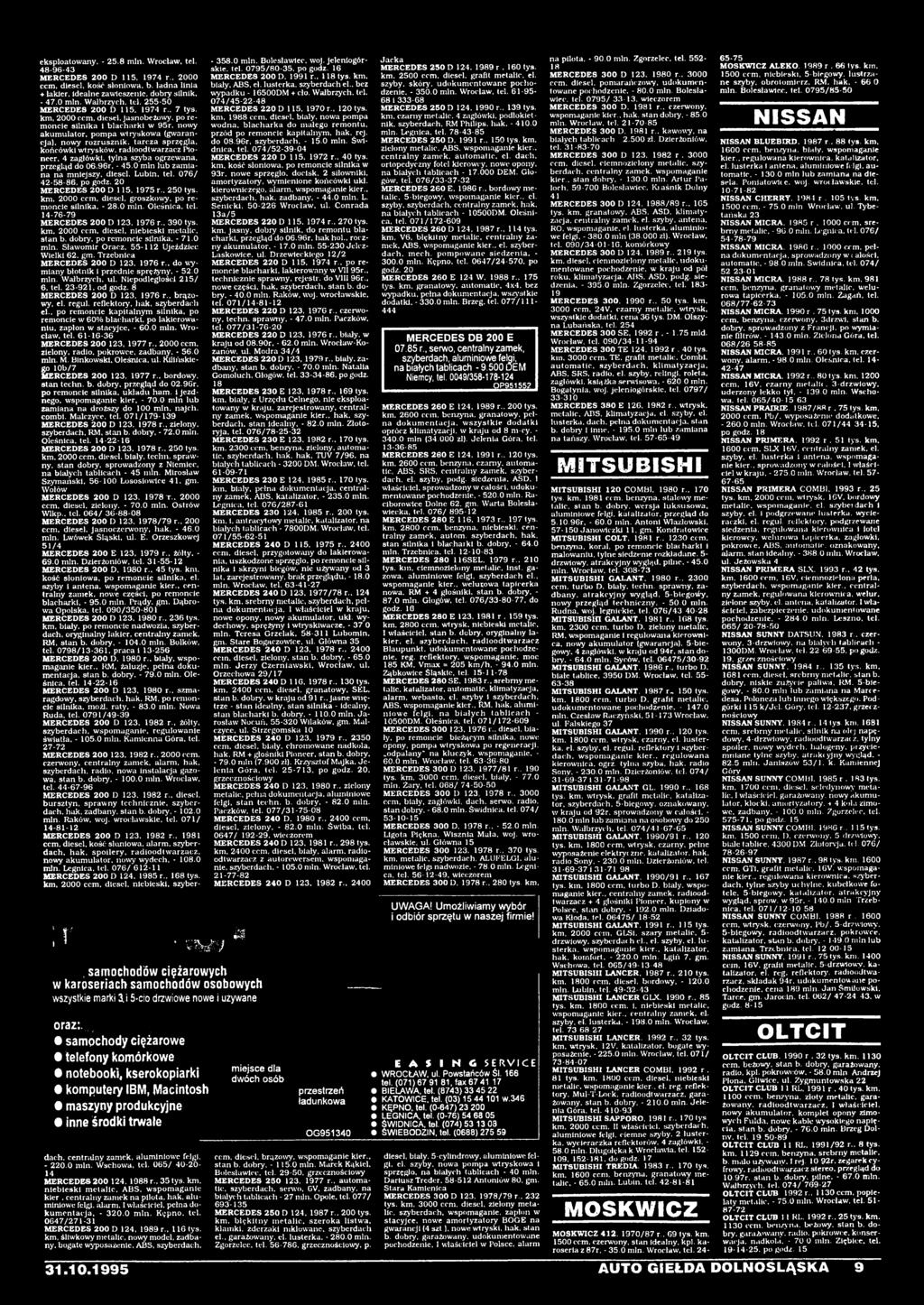 0 min lub zamiana na mniejszy, diesel. Lubin. tel. 076/ 42-58-86. po godz. 20 MERCEDES 200 D 1. 1975 r.. 250 tys. km. 2000 ccm, diesel, groszkowy, po remoncie silnika. - 28.0 min. Oleśnica, tel.