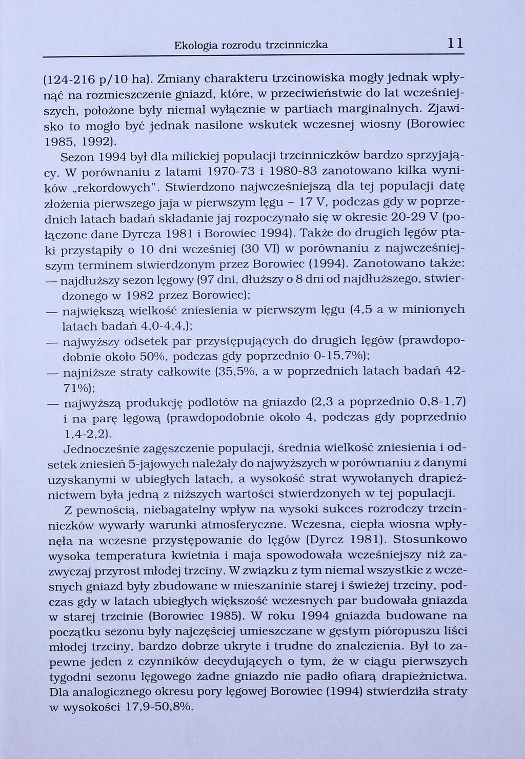 Ekologia rozrodu trzcinniczka 11 (124-216 p/10 ha).