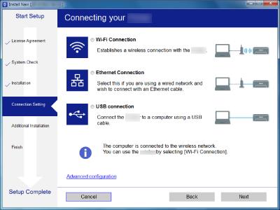 Ustawienia sieciowe Windows Wybrać typ połączenia i kliknąć Dalej. Mac OS X Wybrać typ połączenia. Postępować zgodnie z instrukcjami na ekranie. Zostaje zainstalowane niezbędne oprogramowanie.