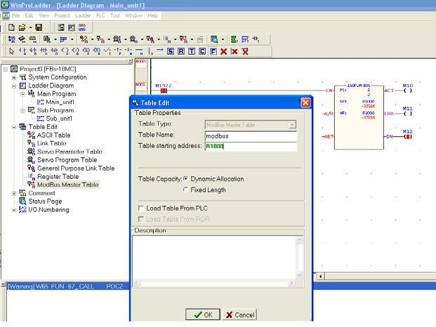 Po wybraniu Add ModBus Master Table pojawi się okno Table Edit (rys. 18). Rys. 18. Okno konfiguracji funkcji Modbus w sterowniku FATEK. W polu Table Name użytkownik może wpisać dowolną nazwę np.