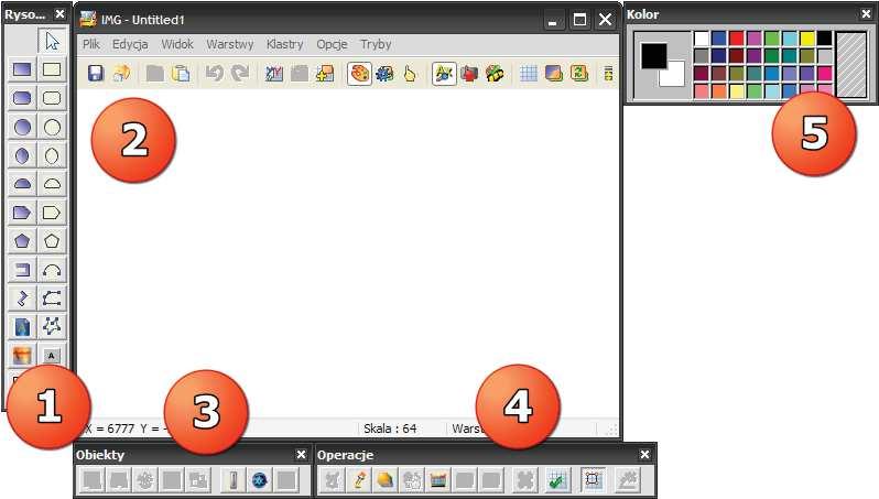 Rys. 49. Okno edytora obrazów. 1. Rysowanie w oraz przycisków itd. 2. Okno obrazu 3.