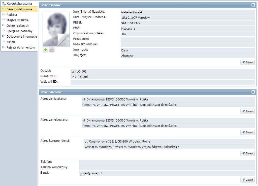 Podstawy pracy w module Sekretariat larz do wprowadzania danych ucznia. Po zapisaniu danych wprowadzonych do formularza wyświetla się kartoteka ucznia.