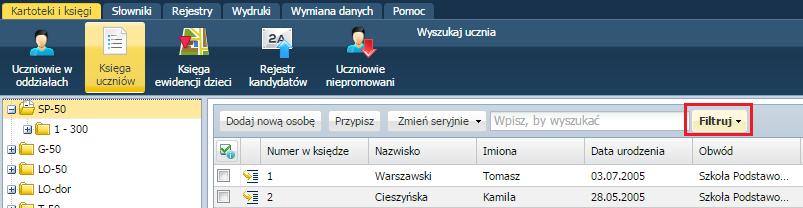 Ewidencja uczniów 2. Aby wyszukać lub posortować daną grupę uczniów należy w panelu roboczym kliknąć ikonę i uzupełnić odpowiednie parametry.