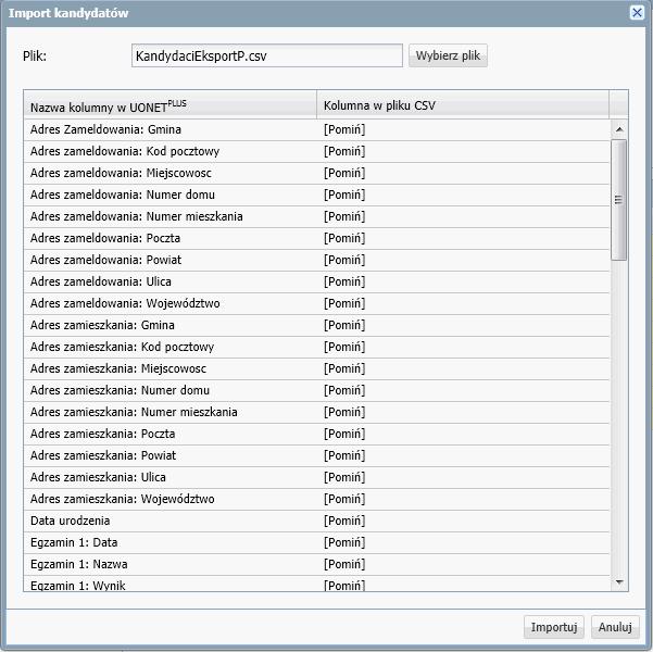 Rejestrowanie kandydatów Cofnięcie uzgodnienia polega na wskazaniu innej pozycji z listy. Kategorie danych, dla których ustawiono pozycję Pomiń nie będą importowane. Kliknąć przycisk Importuj.