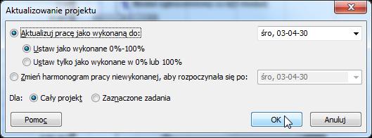 Opcja Ustaw jako wykonane 0%-100% ustawia wykonanie zadań proporcjonalnie w oparciu o plan na podany dzień Opcja Ustaw jako wykonane w 0% lub 100%