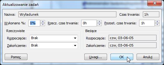 Wykonano % - w jakim stopniu zadanie zostało wykonane. Uwaga jeśli podamy 100%, a nie ma podanej rzeczywistej daty zakończenia, to zostanie wykorzystana data bieżąca.