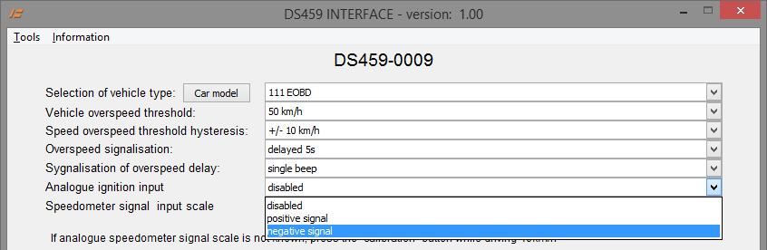 f) Analogue ignition input. The parameter allows to select whether DS459 analogue ignition input J2-4 is connected to negative or positive ignition signal in the vehicle.