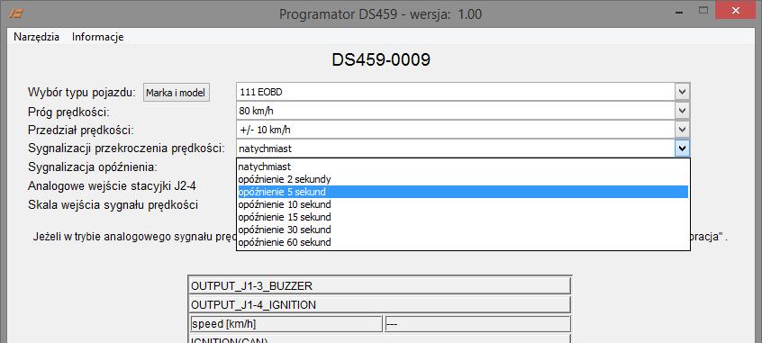 d) Sygnalizacja przekroczenia prędkości. Opóźnienie sygnalizacji po osiągnięciu zadanej prędkości.