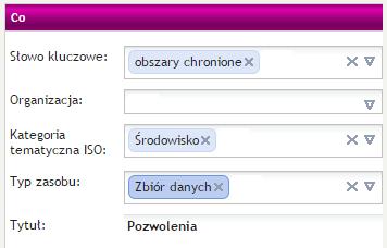 Natomiast uzupełnienie różnych atrybutów powoduje wyszukiwanie dokumentów metadanych spełniających wszystkie zadane kryteria.