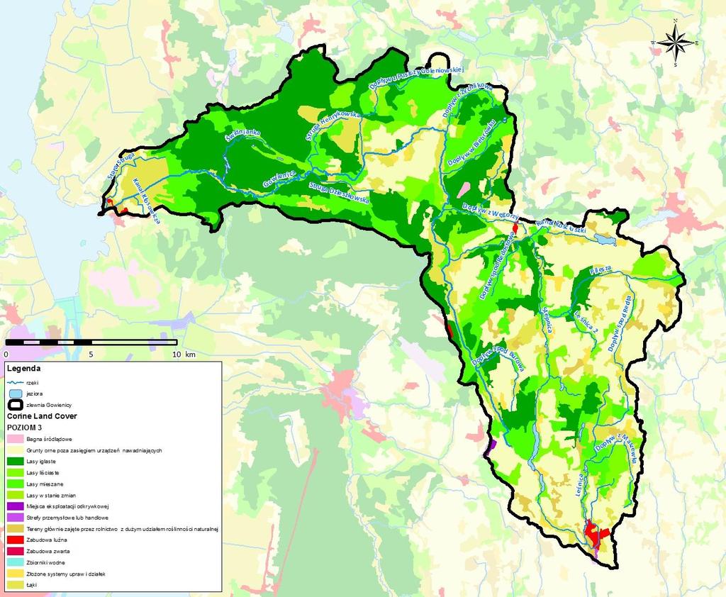 Ryc 2. Użytkowanie terenu w zlewni Gowienicy wg klasyfikacji Corine 1.4.