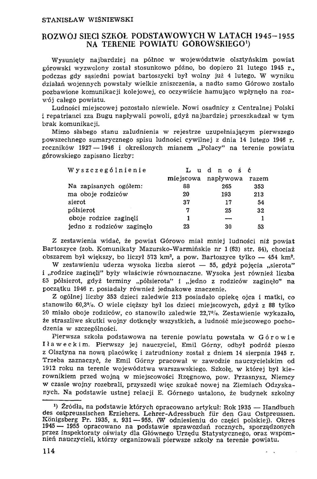 STANISŁAW WIŚNIEWSKI ROZWÓJ SIECI SZKÓŁ PODSTAW OW YCH W LATACH 95-955 NA TERENIE POWIATU GÓROWSKIEGO) W ysunięty najbardziej na północ w w ojew ództw ie olsztyńskim p ow iat górow ski w yzw olony