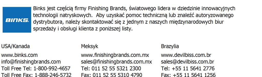 DeVilbiss, Ransburg, BGK i Binks są zastrzeżonymi nazwami handlowymi firmy Finishing Brands. 2013 Finishing Brands. Wszelkie prawa zastrzeżone.