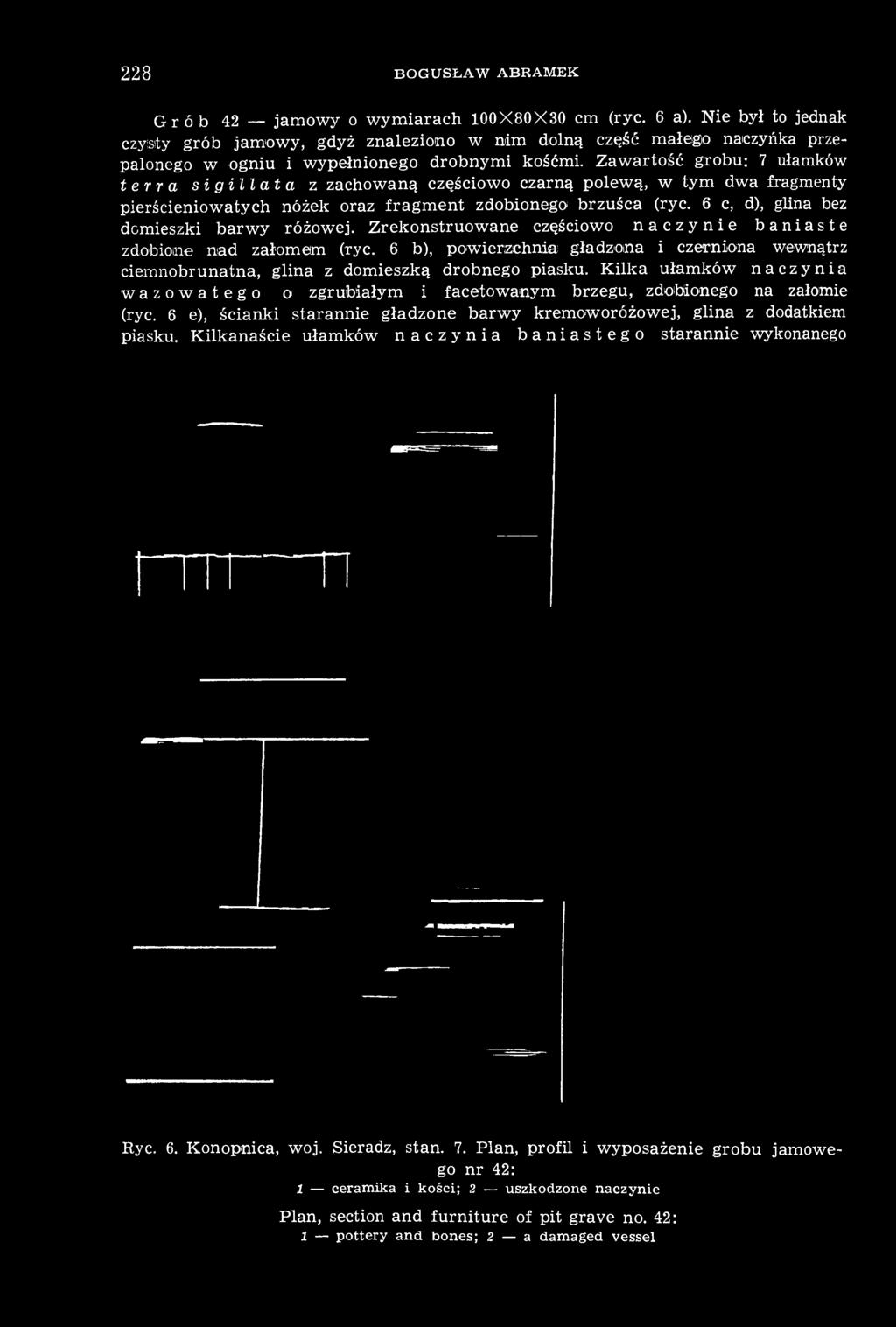 Zawartość grobu: 7 ułamków terra sigillata z zachowaną częściowo czarną polewą, w tym dwa fragmenty pierścieniowatych nóżek oraz fragment zdobionego brzuśca (ryc.