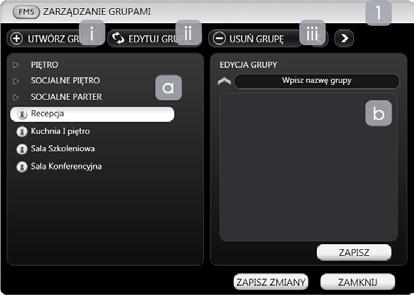 9.16. ZARZĄDZANIE GRUPAMI Po kliknięciu na przycisk z symbolem wyświetli się poniższe okno pozwalające na tworzenie nowych grup pomieszczeń, edycję istniejących grup oraz usuwanie grup pomieszczeń.