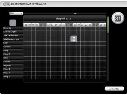 9.18. HARMONOGRAM REZERWACJI Po kliknięciu na przycisk ZAREZERWUJ POKÓJ zostaje wyświetlone poniższe okno pozwalające na dokonywanie zmian w harmonogramie rezerwacji pomieszczeń: 1.