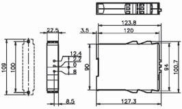 If the units are mounted horizontally the load current must be reduced to 50% of the rated current. Wymiary modułów 22,5mm ( SSRSC1-10./ SSRSC1-15. SSRSMC3-3 ) Dimensions 22.5mm Module (SSRSC1-10.