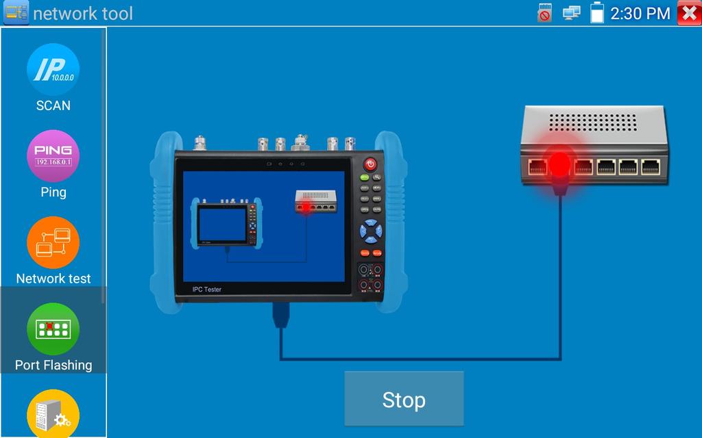 Gdy tester i switch PoE są poprawnie podłączone, port LAN switcha PoE jest fleszowany na określonej częstotliwości. Jeżeli nie, żadne inne zmiany portu LAN nie są dokonywane.