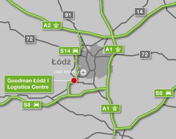 Goodman Łódź Logistics Centre Tereny pod planowaną inwestycję magazynową + + 8 600 m 2 powierzchni magazynowej do wynajęcia od 2/3 kwartału 2017 roku + + Miejsce idealne dla logistyki, dystrybucji