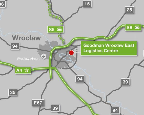 Goodman Wrocław East Logistics Centre Tereny pod planowaną inwestycję magazynową + + 12 268 m 2 dostępnych do natychmiastowego wybudowania w formie magazynu szytego na miarę + + Centrum położone w