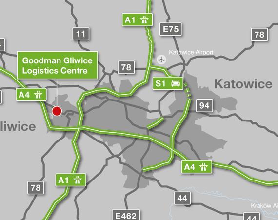 Goodman Gliwice Logistis Centre Magazyny do wynajęcia oraz tereny pod planowaną inwestycję magazynową + + 8 732 m 2 wysokiej jakości powierzchni magazynowej dostępnej do wynajęcia od 2 kwartału 2017