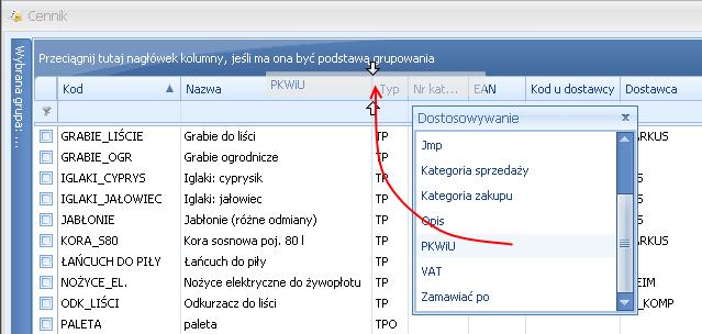 listy, zwłaszcza w przypadku pracy wielostanowiskowej. Usunięte kolumny widoczne są w oknie wyboru kolumn i można je z powrotem przeciągnąć na listę: Rys.